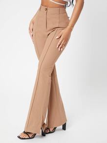 SHEIN PETITE 拉鍊飛縫前開叉下擺喇叭褲 - 卡其色 - 查看 1