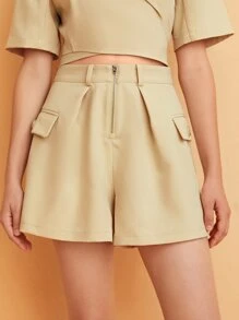 SHEIN Unity Zip Up Flap Detail Shorts - Yellow - View 5