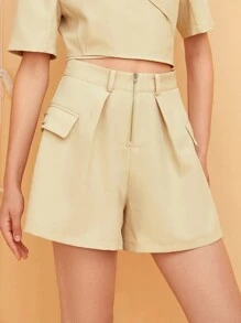 SHEIN Unity Zip Up Flap Detail Shorts - Yellow - View 6