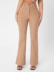 SHEIN PETITE 拉鍊飛縫前開叉下擺喇叭褲 - 卡其色 - 查看 4