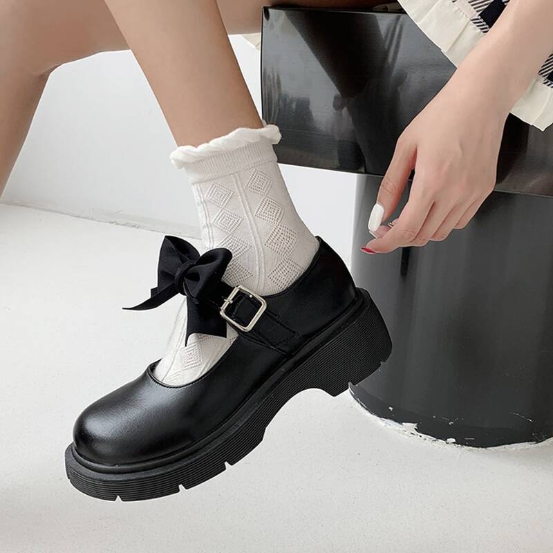 

Bow Decor Flatform Mary Janes, Black