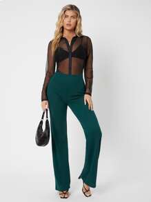 SHEIN Tall Zipper Back Solid Palazzo Trousers - Green - View 4
