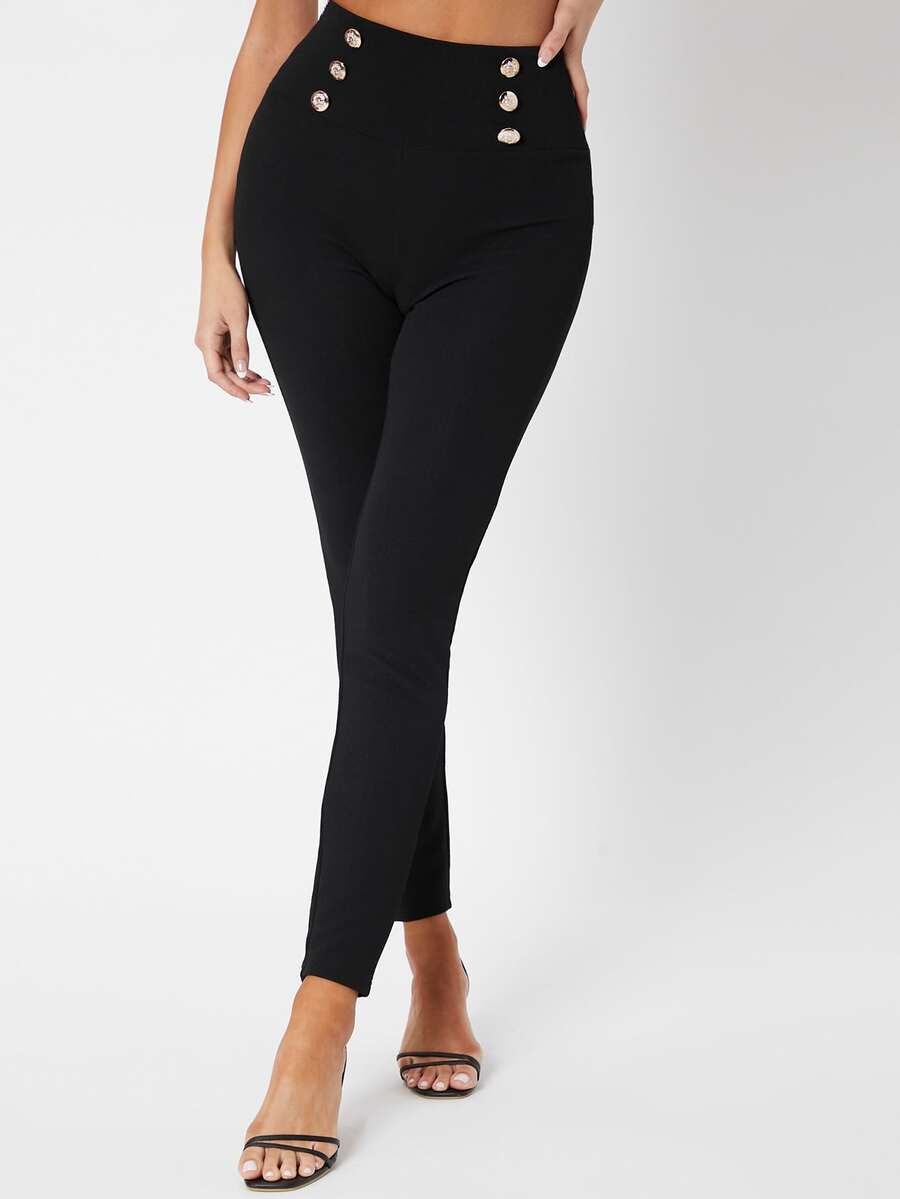 SHEIN Tall Button Detail Wide Waistband Skinny Trousers - Black - View 1