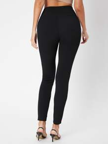 SHEIN Tall Button Detail Wide Waistband Skinny Trousers - Black - View 2