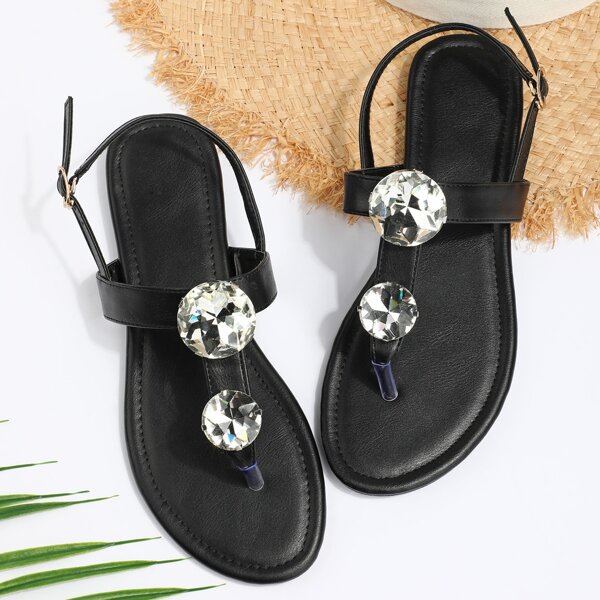 

Rhinestone Decor Thong Sandals, Black
