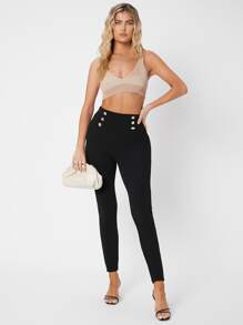 SHEIN Tall Button Detail Wide Waistband Skinny Trousers - Black - View 3
