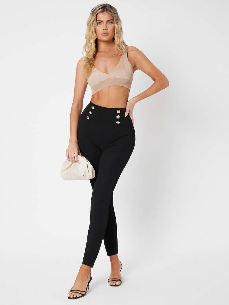 SHEIN Tall Button Detail Wide Waistband Skinny Pants - Black - View 4