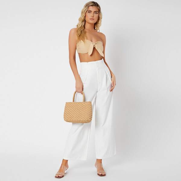 

Solid Pleated High Waist Wide Leg Pants, White
