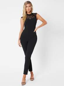 SHEIN Tall Keyhole Back Lace Yoke Jumpsuit - Black - View 1