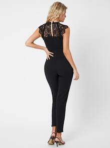 SHEIN Tall Keyhole Back Lace Yoke Jumpsuit - Black - View 2