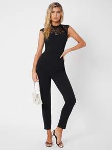 SHEIN Tall Keyhole Back Lace Yoke Jumpsuit - Black - View 3