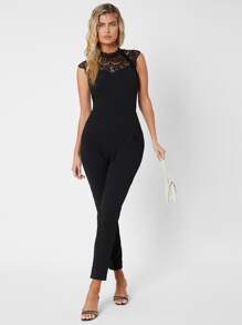 SHEIN Tall Keyhole Back Lace Yoke Jumpsuit - Black - View 4