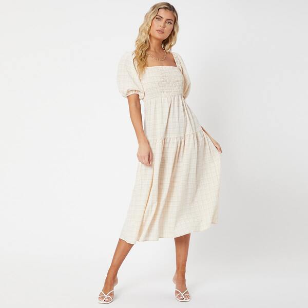 

Puff Sleeve Shirred Detail Plaid Dress, Apricot