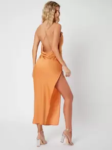 SHEIN Tall Draped Crisscross Backless Split Thigh Slip Dress - Khaki - View 1