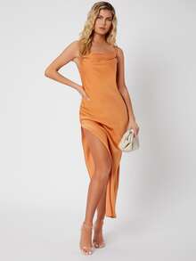 SHEIN Tall Draped Crisscross Backless Split Thigh Slip Dress - Khaki - View 2