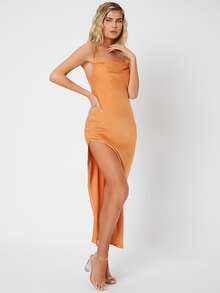 SHEIN Tall Draped Crisscross Backless Split Thigh Slip Dress - Khaki - View 5