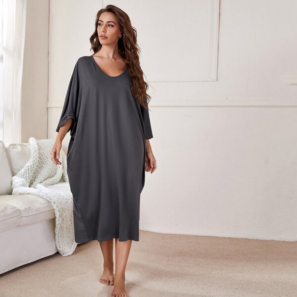 

V-neck Batwing Sleeve Lounge Dress, Dark grey