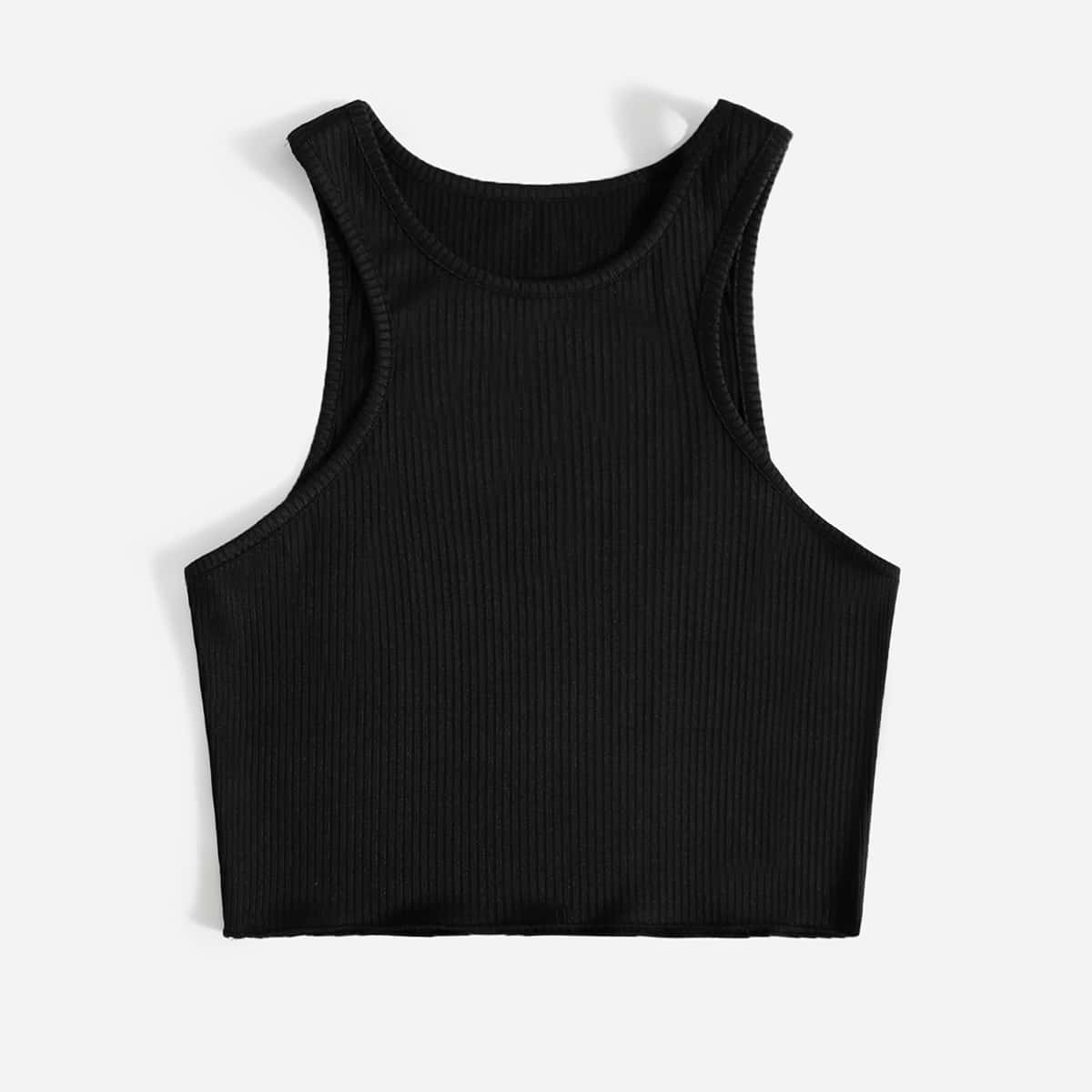 

Solid Ribbed Tank Top, Black