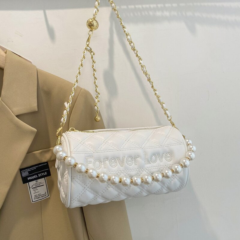 

Faux Pearl Handle Satchel Bag, White