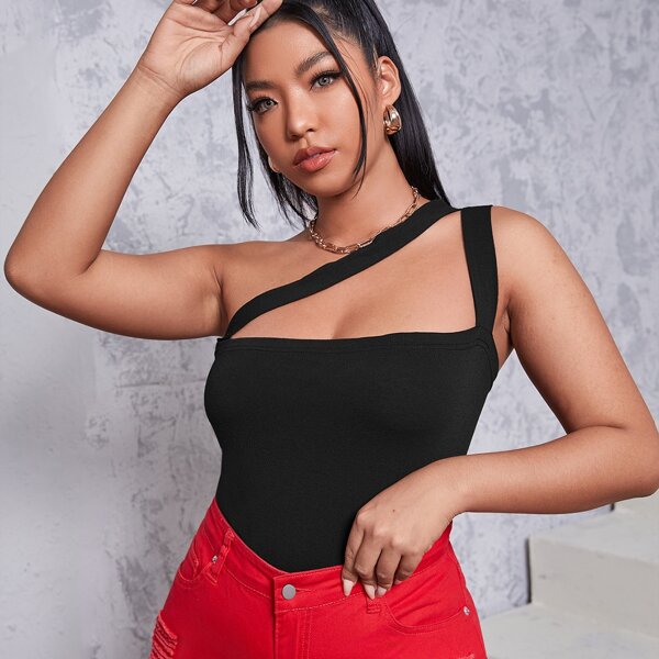 

Plus Solid One Shoulder Top, Black