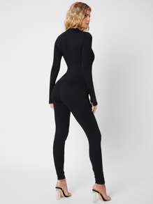 SHEIN Tall Zipper Front Solid Unitard Jumpsuit - Black - View 2
