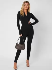 SHEIN Tall Zipper Front Solid Unitard Jumpsuit - Black - View 3
