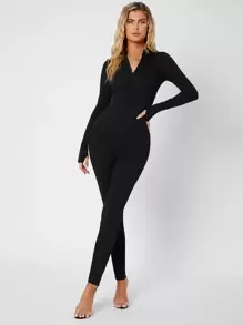 SHEIN Tall Zipper Front Solid Unitard Jumpsuit - Black - View 4