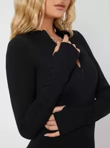 SHEIN Tall Zipper Front Solid Unitard Jumpsuit - Black - View 5