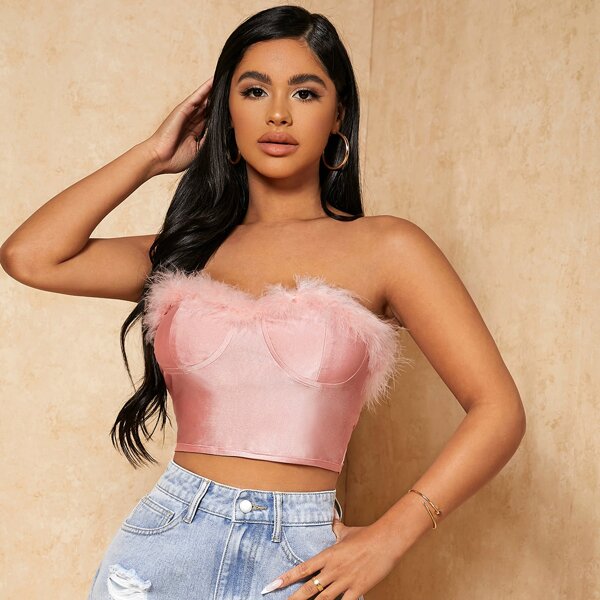 

Fuzzy Trim Tube Top, Baby pink