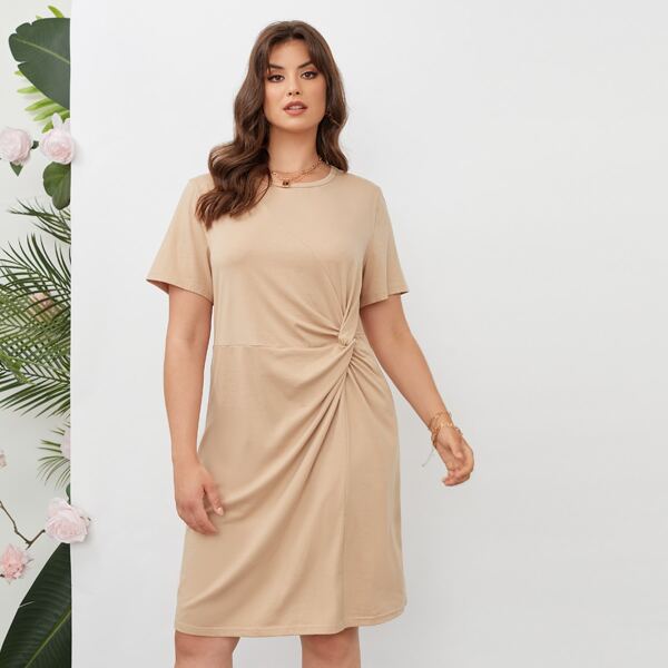 

Plus Solid Twist Front Tee Dress, Apricot