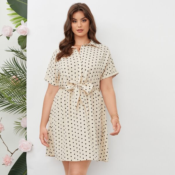 

Plus Polka Dot Bow Front Shirt Dress, Beige