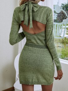 SHEIN Privé 段染後綁帶挖空毛衣裙 - 綠色 - 查看 2
