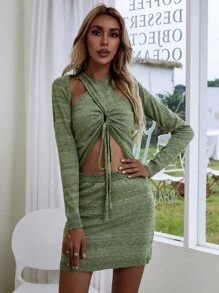 SHEIN Privé 段染後綁帶挖空毛衣裙 - 綠色 - 查看 6