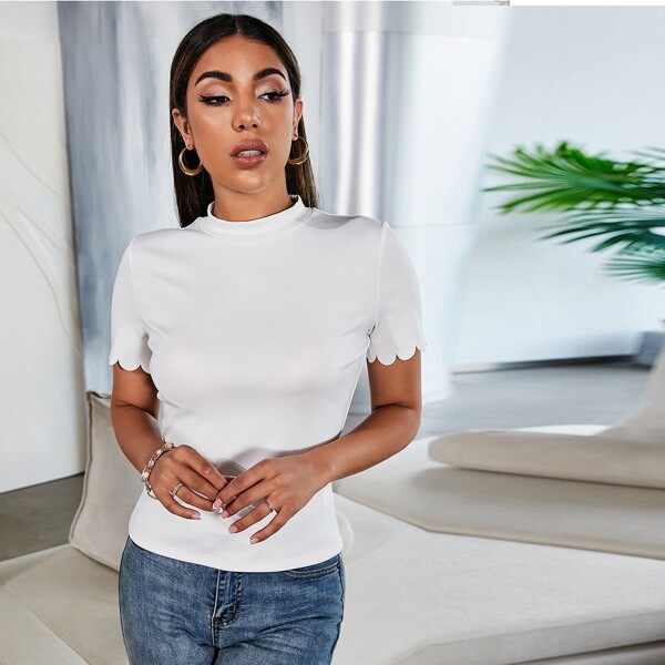 

Solid Scallop Trim Tee, White