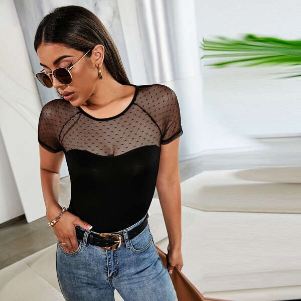 

Sheer Mesh Raglan Sleeve Top, Black