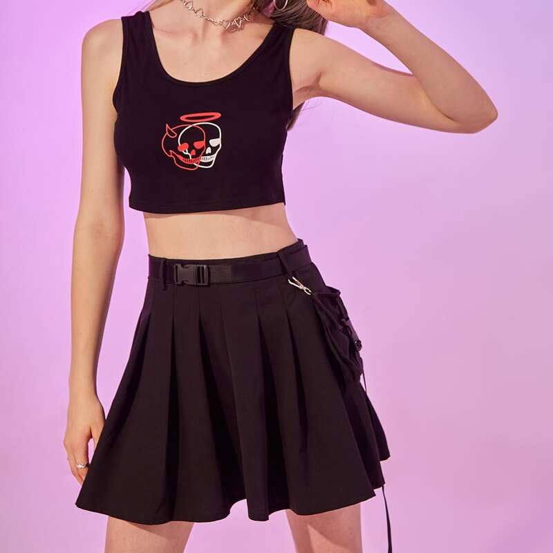 

Skull Graphic Tank Top & Pocket Skirt, Black