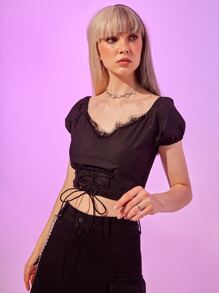 休閒蕾絲拼接 繫帶純色女士襯衫 - 黑色 - 查看 1