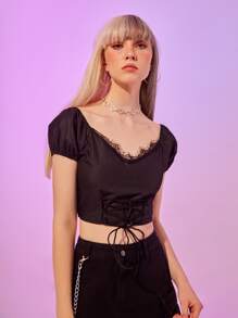 休閒蕾絲拼接 繫帶純色女士襯衫 - 黑色 - 查看 2