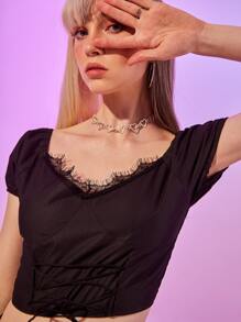 休閒蕾絲拼接 繫帶純色女士襯衫 - 黑色 - 查看 3