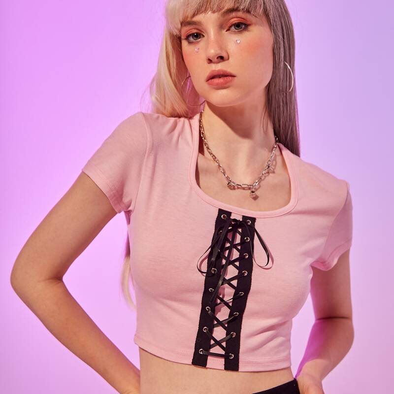 

Lace Up Crop Tee, Baby pink