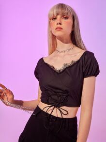 休閒蕾絲拼接 繫帶純色女士襯衫 - 黑色 - 查看 4