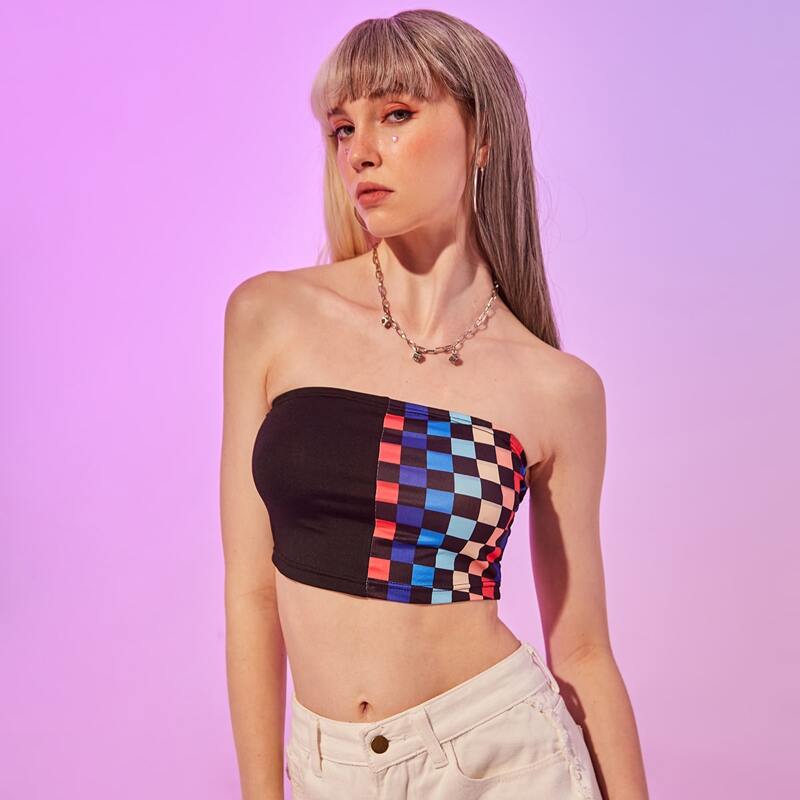 

Contrast Plaid Crop Tube Top, Multicolor