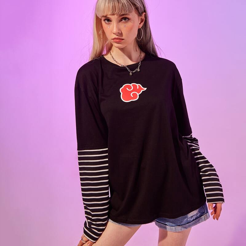 

2 In 1 Striped Sleeve Graphic Tee, Black