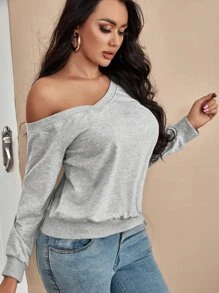 SHEIN SXY Solid Off The Shoulder Sweatshirt - Light Grey - View 3