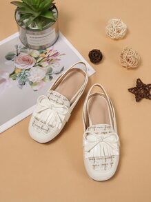 Giày búp bê trẻ em Nơ Bướm mép Sọc ca rô dép quai hậu - trắng - Xem 3