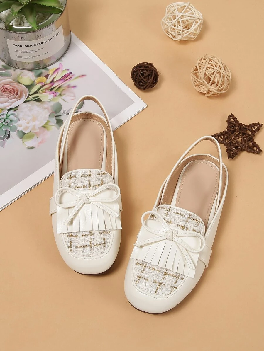 Giày búp bê trẻ em Nơ Bướm mép Sọc ca rô dép quai hậu - trắng - Xem 1