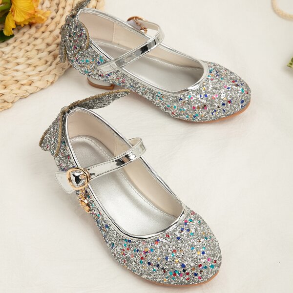 

Girls Rhinestone Decor Glitter Mary Janes, Silver