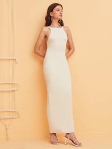 SHEIN Solid Tie Back Maxi Dress - Apricot - View 3