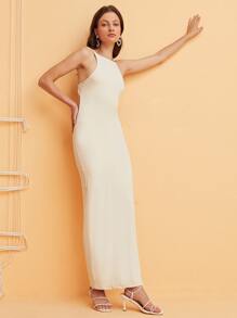 SHEIN Solid Tie Back Maxi Dress - Apricot - View 4