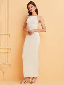 SHEIN Solid Tie Back Maxi Dress - Apricot - View 5